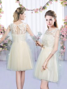 Classical Sleeveless Mini Length Lace and Bowknot Lace Up Court Dresses for Sweet 16 with Champagne