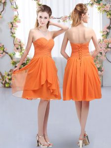 Orange Chiffon Lace Up Court Dresses for Sweet 16 Sleeveless Knee Length Ruffles and Ruching
