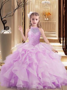Sweet Lilac Ball Gowns High-neck Sleeveless Tulle Floor Length Lace Up Beading Little Girl Pageant Gowns