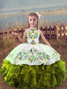 Best Olive Green Ball Gowns Embroidery and Ruffles Pageant Dress Womens Lace Up Organza Sleeveless Floor Length