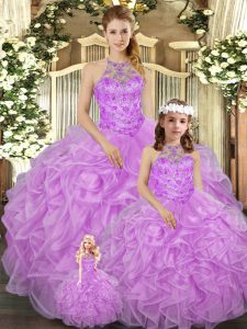 Free and Easy Sleeveless Tulle Floor Length Lace Up Ball Gown Prom Dress in Lilac with Beading and Ruffles