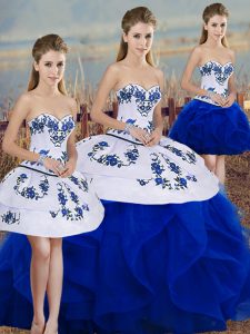 Sweetheart Sleeveless Sweet 16 Dresses Floor Length Embroidery and Ruffles and Bowknot Royal Blue Tulle
