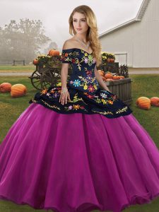 Fuchsia Tulle Lace Up Quinceanera Gown Sleeveless Floor Length Embroidery