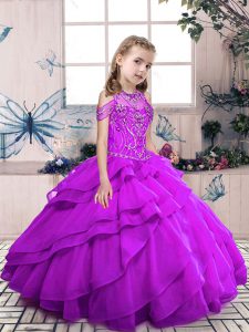 Floor Length Ball Gowns Sleeveless Purple Kids Formal Wear Lace Up