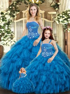Custom Design Blue Sweet 16 Dress Sweet 16 and Quinceanera with Beading and Ruffles Strapless Sleeveless Lace Up