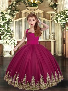 Burgundy Straps Neckline Embroidery Custom Made Pageant Dress Sleeveless Lace Up