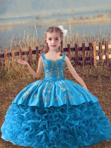 Unique Baby Blue Ball Gowns Fabric With Rolling Flowers Straps Sleeveless Embroidery Lace Up Pageant Dress for Girls Sweep Train