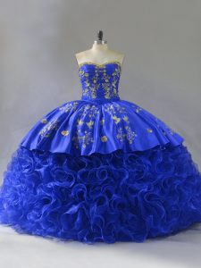 Hot Sale Royal Blue Ball Gowns Sweetheart Sleeveless Fabric With Rolling Flowers Floor Length Lace Up Embroidery and Ruffles Quinceanera Gowns