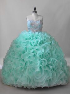 Apple Green Lace Up Quinceanera Gown Beading Sleeveless Brush Train