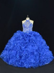 Delicate Royal Blue Ball Gowns Organza Halter Top Sleeveless Beading and Ruffles Floor Length Lace Up 15 Quinceanera Dress