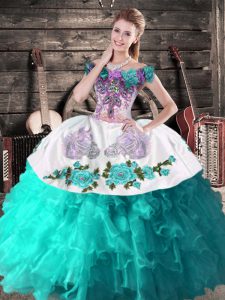 Extravagant Turquoise Organza Lace Up Ball Gown Prom Dress Sleeveless Floor Length Embroidery