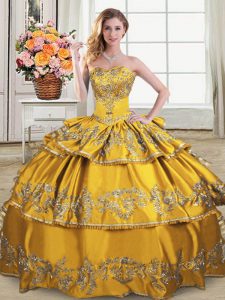 Gold Ball Gowns Satin and Organza Sweetheart Sleeveless Embroidery and Ruffled Layers Floor Length Lace Up Quinceanera Gown