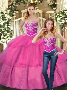 High Class Hot Pink Sleeveless Beading Floor Length Quinceanera Gowns