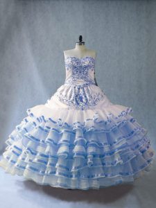 Affordable Blue And White Ball Gowns Organza Sweetheart Sleeveless Embroidery and Ruffled Layers Floor Length Lace Up Vestidos de Quinceanera