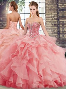 Watermelon Red Sleeveless Tulle Brush Train Lace Up Military Ball Gowns for Military Ball and Sweet 16 and Quinceanera