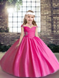 Hot Pink Straps Lace Up Beading Little Girl Pageant Dress Sleeveless