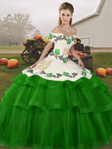 Shining Off The Shoulder Sleeveless Tulle 15th Birthday Dress Embroidery and Ruffled Layers Brush Train Lace Up