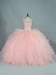 Peach Lace Up V-neck Ruffles Quinceanera Gowns Tulle Sleeveless