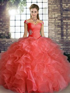Watermelon Red Lace Up Off The Shoulder Beading and Ruffles Quinceanera Dress Organza Sleeveless