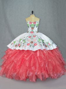 Sophisticated Watermelon Red Lace Up Sweetheart Embroidery and Ruffles Ball Gown Prom Dress Satin and Organza Sleeveless