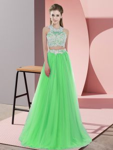Cute Green Sleeveless Floor Length Lace Zipper Damas Dress