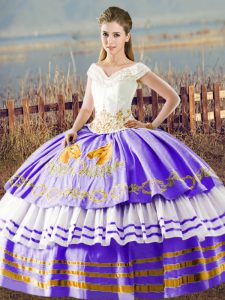 White And Purple Ball Gowns Satin V-neck Sleeveless Embroidery and Ruffled Layers Floor Length Lace Up Quinceanera Dresses