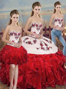 Floor Length White And Red Sweet 16 Quinceanera Dress Organza Sleeveless Embroidery and Ruffles and Bowknot