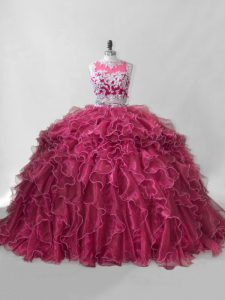 Customized Sleeveless Organza Brush Train Zipper 15 Quinceanera Dress in Wine Red with Beading and Ruffles
