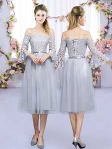 Super Grey 3 4 Length Sleeve Tulle Lace Up Damas Dress for Wedding Party