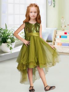 High Low Olive Green Girls Pageant Dresses Scoop Sleeveless Zipper