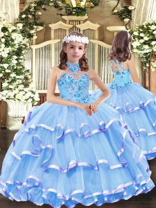 Popular Baby Blue Ball Gowns High-neck Sleeveless Organza Floor Length Lace Up Appliques and Ruffled Layers Kids Formal Wear