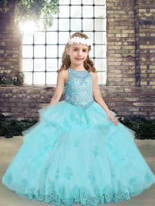 Aqua Blue Ball Gowns Tulle Scoop Sleeveless Beading and Lace and Appliques Floor Length Lace Up Kids Formal Wear