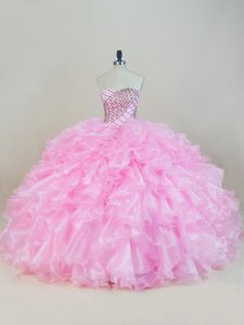 Elegant Baby Pink Ball Gowns Sweetheart Sleeveless Organza Floor Length Lace Up Beading and Ruffles Ball Gown Prom Dress