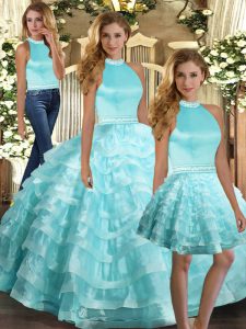 Aqua Blue Halter Top Backless Ruffled Layers Ball Gown Prom Dress Sleeveless