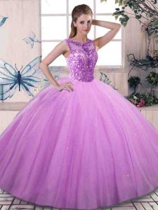 Scoop Sleeveless Tulle Ball Gown Prom Dress Beading Lace Up