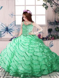 Ball Gowns Sleeveless Apple Green Girls Pageant Dresses Court Train Lace Up