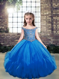 Blue Ball Gowns Off The Shoulder Sleeveless Tulle Floor Length Lace Up Beading Little Girl Pageant Gowns
