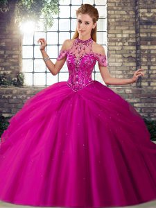 Fuchsia Ball Gowns Halter Top Sleeveless Tulle Brush Train Lace Up Beading and Pick Ups Quinceanera Gown