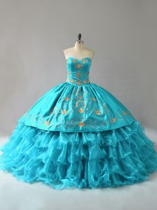 Aqua Blue Organza Lace Up Sweetheart Sleeveless Floor Length Quinceanera Dress Embroidery and Ruffles