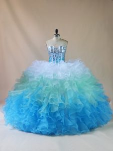 Dynamic Multi-color Ball Gowns Organza Sweetheart Sleeveless Beading and Ruffles Floor Length Lace Up Quince Ball Gowns