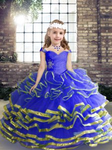 Blue Sleeveless Tulle Lace Up Girls Pageant Dresses for Party and Wedding Party