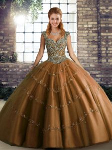 Pretty Brown Lace Up Sweet 16 Dresses Beading and Appliques Sleeveless Floor Length