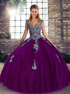 Shining Sleeveless Floor Length Beading and Appliques Lace Up Sweet 16 Dresses with Purple