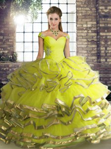 Eye-catching Yellow Green Sleeveless Floor Length Beading and Ruffled Layers Lace Up Teens Party Dress