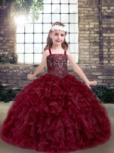 Burgundy Sleeveless Organza Lace Up Little Girl Pageant Gowns for Party and Wedding Party