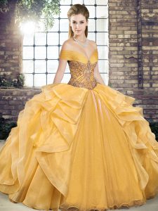 Floor Length Lace Up 15th Birthday Dress Gold for Military Ball and Sweet 16 and Quinceanera with Beading and Ruffles
