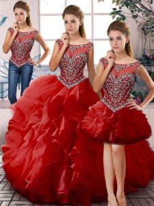 Attractive Sleeveless Floor Length Beading and Ruffles Lace Up 15th Birthday Dress with Red