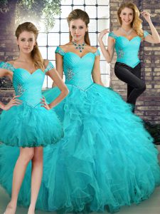 Romantic Floor Length Aqua Blue 15 Quinceanera Dress Off The Shoulder Sleeveless Lace Up