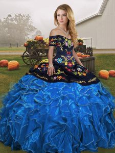 Blue And Black Ball Gowns Organza Off The Shoulder Sleeveless Embroidery and Ruffles Floor Length Lace Up 15th Birthday Dress