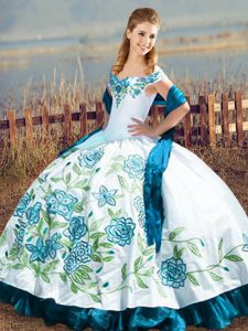 Beautiful Sleeveless Floor Length Embroidery and Ruffles Lace Up Sweet 16 Quinceanera Dress with Blue And White